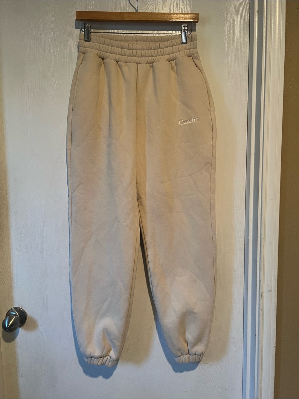Comfrt Sweatpants Beige Fleece Joggers Elastic Waist Lounge Women Sz Small